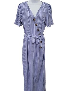 NAÏF Striped Blue & White Stripe Wide leg  Jumpsuit button front Size Large